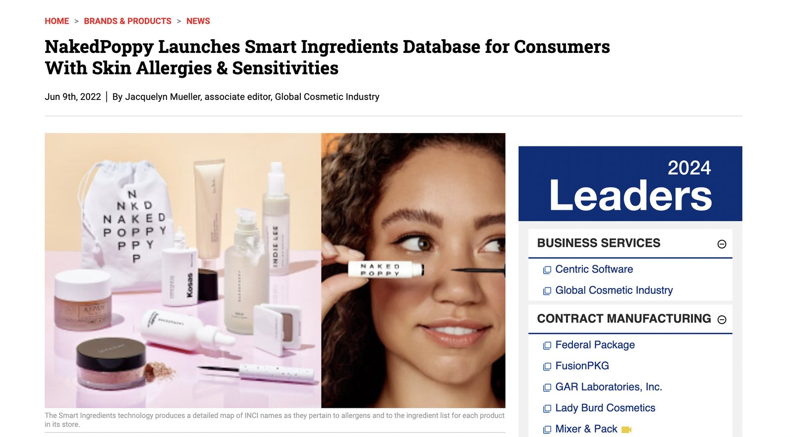Global Cosmetic Industry article: NakedPoppy Launches Smart Ingredients Database for Consumers With Skin Allergies and Sensitivities, June 9, 2022
