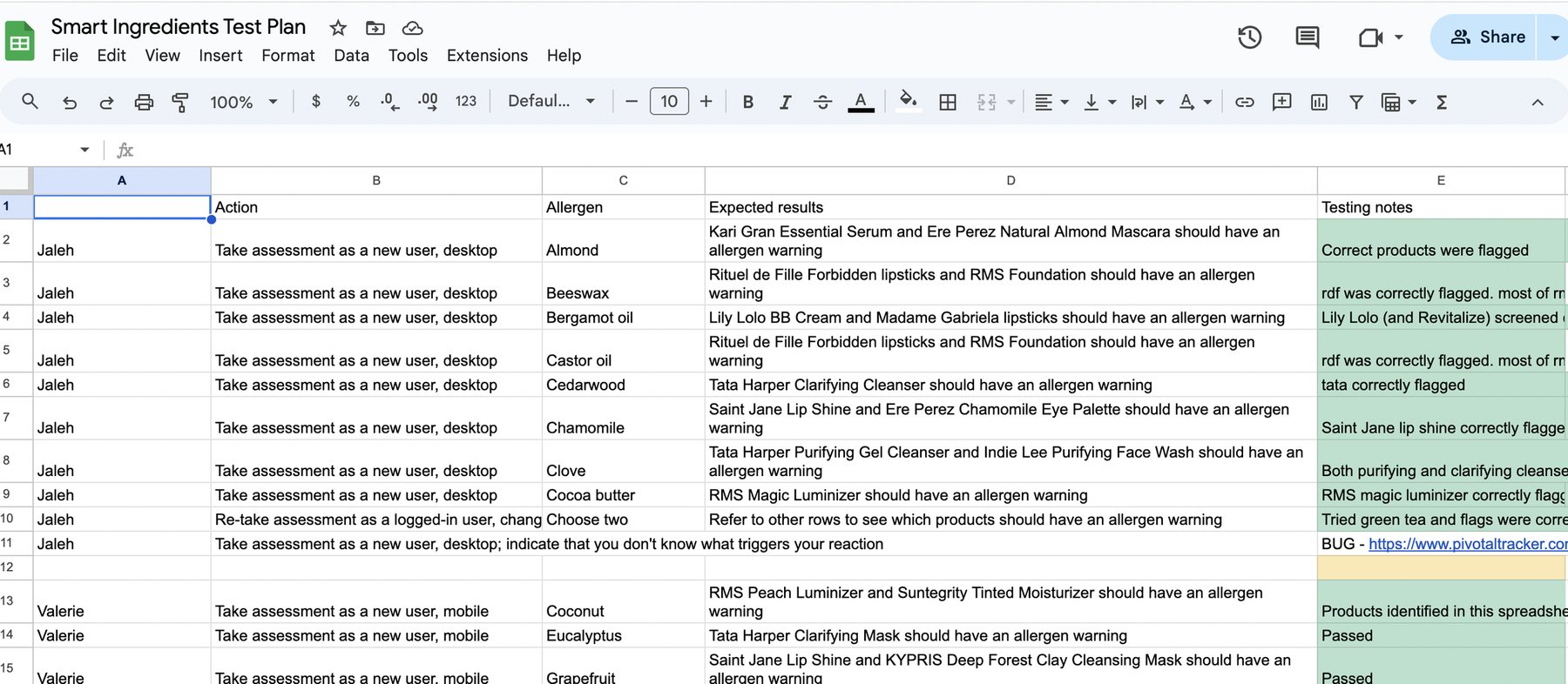 Test plan for the ingredient-checking system