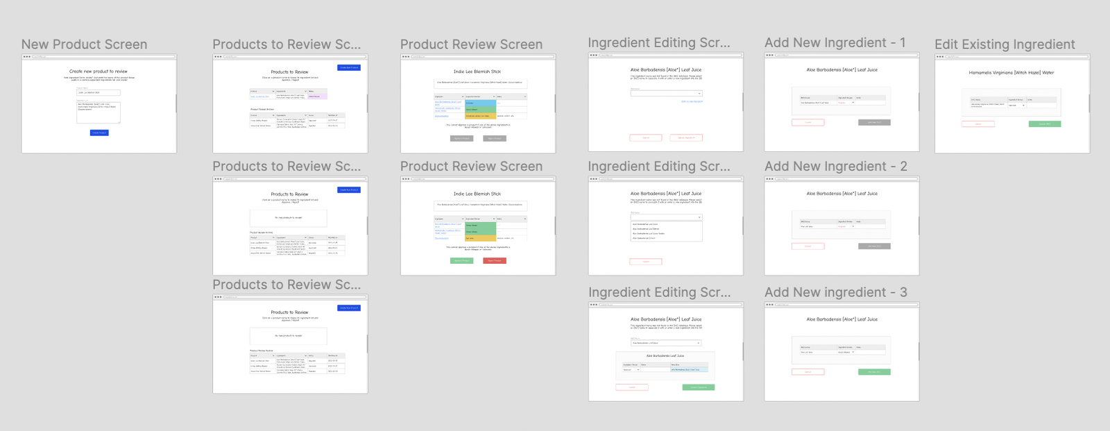 Wireframes for the ingredient-checking flow